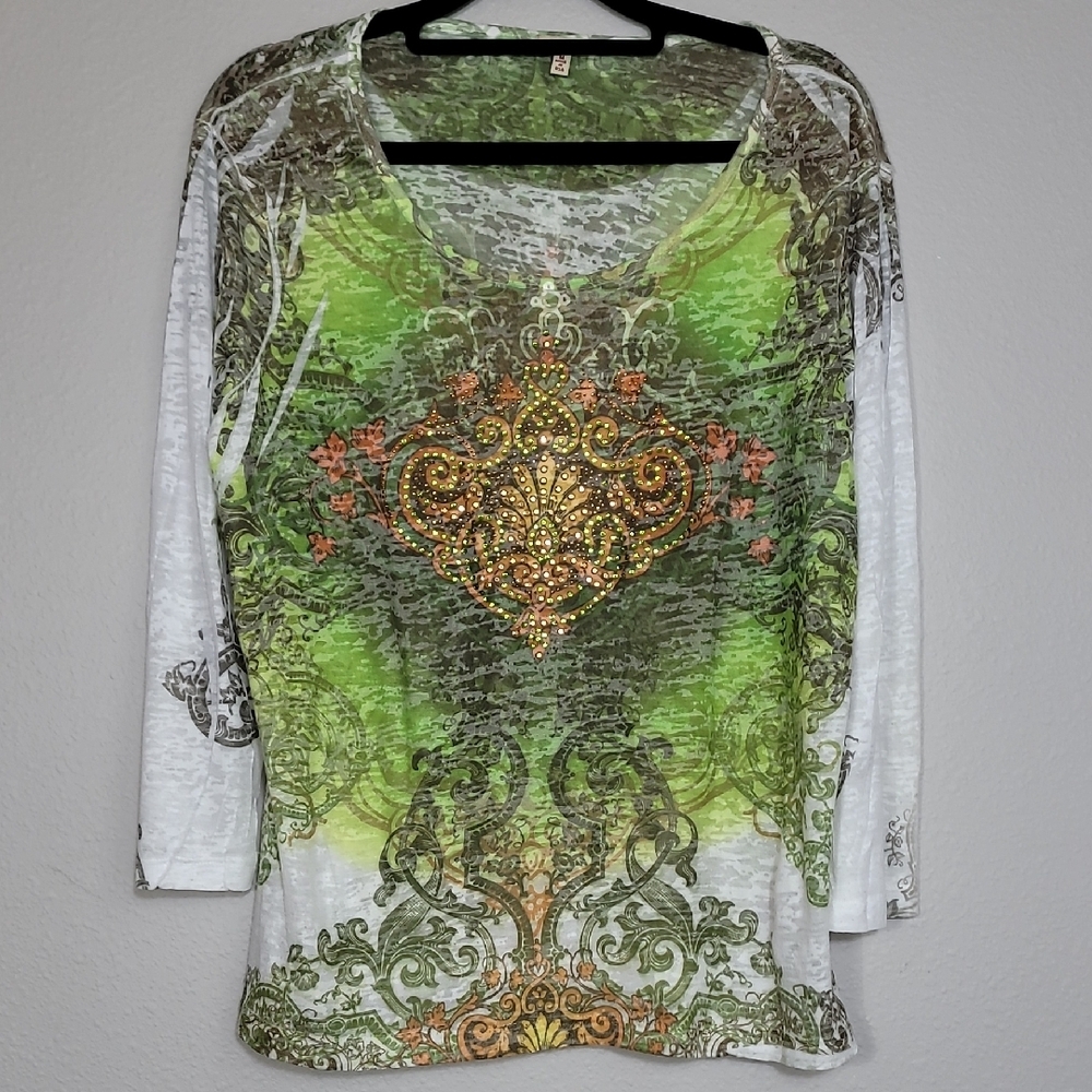 Y2K Reba Womens Rhinestone Studded Long Sleeve Top Size M Green Grunge Ed Hardy